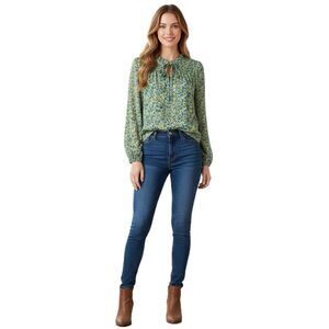Rachel Zoe Green and Blue Floral Long Sleeve Blouse